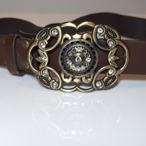 Xcetera Womens Western Belt Carved Brass Buckle Rhinestone Brown Faux Leather - Picture 2 of 9